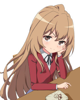 >:) 1girl aisaka_taiga bento black_ribbon blush brown_eyes brown_hair closed_mouth collared_shirt commentary_request cowboy_shot eruno_cqhyoshino hair_between_eyes hair_ribbon hand_on_own_cheek hand_on_own_face hand_up highres jacket long_hair long_sleeves looking_at_viewer red_jacket ribbon school_uniform shirt sidelocks simple_background sitting smile smug solo split_mouth toradora! upturned_eyes v-shaped_eyebrows very_long_hair white_background white_shirt