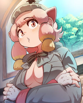 1girl animal_ears blue_sky breasts chohakkai_(kemono_friends) cleavage crossed_arms extra_ears fingerless_gloves gloves hat highres hood hoodie indoors kemono_friends large_breasts long_hair looking_at_viewer mcgunngu neck_ribbon pig_ears pig_girl pink_eyes pink_hair ribbon sky solo upper_body