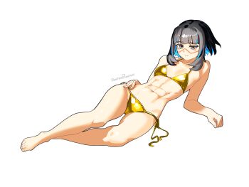 1girl abs bare_shoulders barefoot bikini black_hair blue_hair breasts colored_inner_hair dantonphanton facepaint fate/grand_order fate_(series) gold_bikini grey_eyes highres looking_at_viewer lying multicolored_hair navel on_back short_hair sidelocks small_breasts solo swimsuit tenochtitlan_(fate) tenochtitlan_(first_ascension)_(fate)