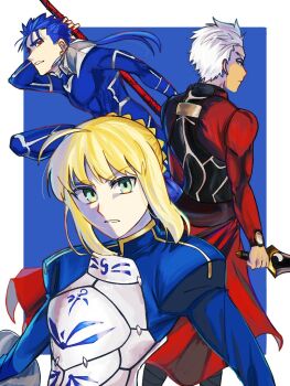 1girl 2boys ahoge archer_(fate) armor armored_dress artoria_pendragon_(fate) blonde_hair blue_hair braid braided_bun coat cu_chulainn_(fate) cu_chulainn_(fate/stay_night) cu_chulainn_(lancer)_(fate) dress fate/stay_night fate_(series) gae_bolg_(fate) green_eyes hair_bun holding holding_polearm holding_weapon kanshou_&amp;_bakuya_(fate) multiple_boys nikumiso000 polearm red_coat saber_(fate) spear spiked_hair weapon white_hair