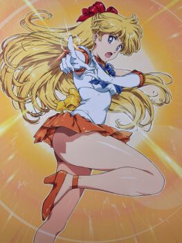 Rule 34 | 1girl, aino minako, ass, bishoujo senshi sailor moon, blonde hair, blue bow, blue bowtie, blue eyes, bow, bowtie, choker, commentary request, elbow gloves, gloves, hair bow, highres, jewelry, long hair, looking at viewer, open mouth, orange choker, orange sailor collar, orange skirt, pleated skirt, pointing, pointing at viewer, red bow, sailor collar, sailor senshi uniform, sailor venus, skirt, smash k-tarou, solo, thighs, white gloves, yellow bow