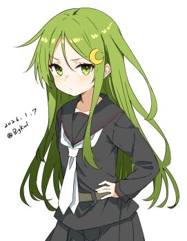 1girl absurdres bigkwl black_sailor_collar black_serafuku black_skirt blush closed_mouth commentary cowboy_shot crescent crescent_hair_ornament dated dated_commentary double-parted_bangs green_eyes green_hair hair_between_eyes hair_ornament hand_on_own_hip highres kantai_collection long_hair long_sleeves looking_at_viewer nagatsuki_(kancolle) neckerchief one-hour_drawing_challenge pleated_skirt sailor_collar school_uniform serafuku sidelocks simple_background skirt solo twitter_username white_background white_neckerchief
