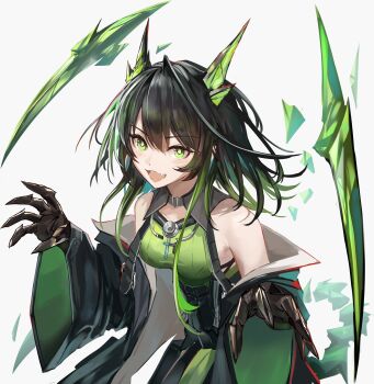 1girl absurdres arknights bare_shoulders black_hair black_jacket breasts bright_pupils clawed_hands commentary_request dress fang green_dress green_eyes highres horns hrk_(dxez4457) jacket long_hair looking_at_viewer medium_breasts mon3tr_(arknights) off_shoulder open_clothes open_jacket open_mouth simple_background skin_fang solo upper_body white_background white_pupils