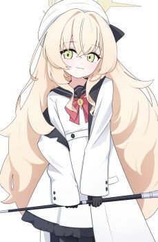 Rule 34 | 1girl, beret, black sailor collar, blonde hair, blue archive, bow, bowtie, cane, commentary request, fluffy hair, green eyes, halo, hat, highres, holding, holding cane, long hair, negi 0712, professor niyaniya (blue archive), red bow, red bowtie, sailor collar, school uniform, serafuku, simple background, skirt, solo, white background, white serafuku, white skirt, yellow halo