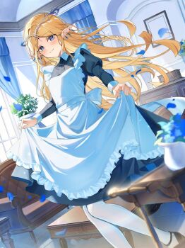 1girl alternate_costume apron black_dress blonde_hair blue_eyes blush cartethyia_(wuthering_waves) closed_mouth commentary crown_of_thorns dress dutch_angle earrings enmaided highres indoors jewelry long_hair long_sleeves looking_at_viewer maid miyanami_3 pantyhose pointy_ears skirt_hold smile solo tacet_mark_(wuthering_waves) very_long_hair white_pantyhose wuthering_waves