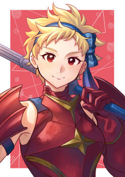 1girl absurdres armor blonde_hair commentary_request fire_emblem fire_emblem_fates freckles highres looking_at_viewer nintendo red_armor red_eyes scarlet_(fire_emblem) short_hair smile solo teitokunanodesu very_short_hair