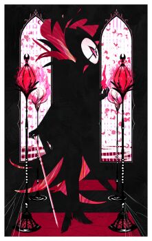 1boy alternate_costume arm_at_side arthropod_boy artist_name black_cloak black_skin black_theme blending border cane cloak coles_phillips_(style) colored_skin commission crying fire furry furry_male grimm_(hollow_knight) hand_up high_collar highres holding holding_cane hollow_knight indoors lamp legs_together male_focus purple_fire pyrokinesis red_eyes ruslanan signature silk solo spider_web tears two-sided_cloak two-sided_fabric white_border window