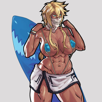 1girl 2022 abs bleach blonde_hair breast_tattoo breasts colored_eyelashes dark-skinned_female dark_skin equinox espada female_focus green_eyes hollow_mask large_breasts mask medium_hair navel number_tattoo simple_background slingshot_swimsuit standing stomach swimsuit tattoo tier_harribel toned toned_female wet