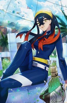 1girl absurdres black_hair blue_gakuran blue_jacket blueberry_academy_school_uniform carmine_(pokemon) colored_inner_hair crossed_bangs eyelashes fanny_pack fletchling gen_6_pokemon gloves hair_between_eyes hairband highres jacket long_hair long_sleeves looking_at_viewer mole mole_under_eye multicolored_hair nintendo pokemon pokemon_(creature) pokemon_sv poltchageist red_hair ryairyai school_uniform shirt smile talonflame two-tone_hair yellow_bag yellow_eyes yellow_hairband