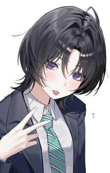 1girl ahoge awa_subaru black_hair black_jacket blush collared_shirt commentary dress_shirt girls_band_cry hair_between_eyes highres jacket medium_hair mu_ooa parted_bangs purple_eyes shirt simple_background solo tongue tongue_out upper_body v white_background white_shirt wolf_cut