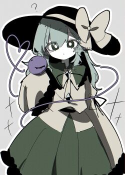 1girl black_hat blouse blush bow buttons closed_mouth diamond_button eyeball frilled_shirt_collar frilled_sleeves frills green_hair green_skirt hair_between_eyes hat hat_bow hat_ribbon heart heart_of_string highres komeiji_koishi long_hair ribbon shirt simple_background skirt solo third_eye touhou tya_514 upper_body yellow_bow yellow_ribbon yellow_shirt