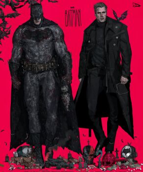 1boy absurdres animal animal_on_shoulder bat_(animal) bat_signal batman batman_(series) batman_symbol belt ben_affleck black_boots black_coat black_gloves black_hair black_mask black_pants black_shirt bodysuit boots bruce_wayne character_name coat cowl dc_comics dc_extended_universe full_body gloves grappling_gun grey_bodysuit highres holding holding_removed_eyewear long_coat male_focus open_clothes open_coat pants red_background rxzarx shirt simple_background spread_wings standing superhero_costume unworn_eyewear utility_belt