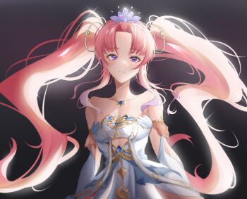 Rule 34 | 1girl, absurdres, airani iofifteen, airani iofifteen (sci-fi princess), bare shoulders, black background, breasts, cleavage, clothing cutout, commentary, curtained hair, cutout above navel, demise (official makuu), dress, elbow gloves, english commentary, expressionless, floating headgear, frown, gloves, gold necklace, gradient hair, headgear, highres, hololive, hololive indonesia, jewelry, layered dress, long hair, long sidelocks, medium breasts, multicolored hair, necklace, official alternate costume, official alternate hairstyle, overexposure, parted bangs, pink hair, purple eyes, raised eyebrows, sidelighting, sidelocks, simple background, solo, star (symbol), star necklace, strapless, strapless dress, tiara, twintails, upper body, very long hair, virtual youtuber, white dress, white gloves