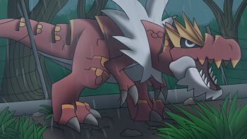 Rule 34 | antrestormbringers, claws, dinosaur, gen 6 pokemon, grass, highres, nintendo, no humans, open mouth, outdoors, pokemon, pokemon (creature), rain, sharp teeth, solo, tail, teeth, tree, tyrantrum