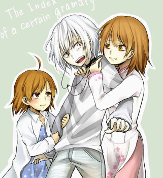 1boy 2girls accelerator_(toaru_majutsu_no_index) age_difference ahoge albino ao_dai arm_hug black_choker blue_dress blush brown_eyes brown_hair child choker closed_mouth collared_shirt commentary_request cowboy_shot diagonal-striped_clothes diagonal-striped_shirt dress electrodes fangs grey_pants grey_shirt hair_between_eyes hands_up height_difference highres hug hug_from_behind last_order_(toaru_majutsu_no_index) light_smile long_sleeves looking_at_another medium_hair misaka_worst multiple_girls negiko123123 open_clothes open_mouth open_shirt orange_eyes outline oversized_clothes oversized_shirt pants partial_commentary pink_pants red_eyes shirt short_hair siblings simple_background sisters slit_pupils smug striped_clothes striped_shirt toaru_majutsu_no_index toaru_majutsu_no_index:_new_testament upper_body v-shaped_eyebrows wavy_mouth white_dress white_hair white_outline white_polka_dots white_shirt