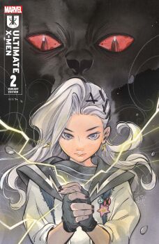 1boy 1girl absurdres black_gloves black_nails black_vest colored_sclera comic_cover company_name copyright_logo copyright_name cover cover_page earrings electricity electrokinesis english_text fingerless_gloves gloves grey_background grey_eyes hair_ornament hairclip highres jewelry lightning_bolt_earrings lightning_bolt_symbol logo long_hair looking_at_viewer looking_down marvel maystorm_(marvel) monster monster_boy official_art peace_symbol peach_momoko red_sclera sailor_collar sailor_shirt shadow_king_(x-men) shinobu_kageyama shirt slit_pupils star_(symbol) ultimate_x-men_(2024) vest white_hair white_shirt x-men