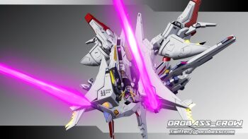 3d absurdres beam_cannon beam_rifle commentary_request energy_gun firing gundam gundam_hathaway's_flash highres inviter_oro machinery mecha mecha_focus mobile_suit no_humans penelope_(hathaway's_flash) robot science_fiction shield shoulder_cannon upside-down v-fin weapon