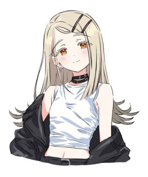 1girl belt belt_buckle black_belt black_choker black_jacket blonde_hair blush breasts buckle choker closed_mouth colored_eyelashes commentary_request crop_top cropped_legs earrings flipped_hair gakuen_idolmaster gradient_hair grey_hair hair_ornament hairclip highres hoop_earrings idolmaster jacket jewelry kousuke0912 leather leather_jacket long_hair looking_at_viewer midriff multicolored_hair off_shoulder open_clothes open_jacket orange_eyes parallel_hairclips parted_bangs shinosawa_hiro shirt sleeveless sleeveless_shirt small_breasts smile solo upper_body white_shirt