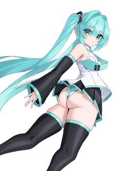 Rule 34 | 1girl, absurdres, amaama (beccyonaika1), aqua eyes, aqua hair, aqua necktie, ass, black skirt, black sleeves, commentary request, detached sleeves, hatsune miku, highres, necktie, panties, pleated skirt, shirt, skirt, sleeveless, sleeveless shirt, striped clothes, striped panties, thighs, twintails, underwear, vocaloid, wedgie, white background, white shirt