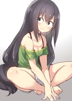 10s 1girl 3: asui_tsuyu bare_shoulders black_eyes black_hair blush boku_no_hero_academia breasts cleavage closed_mouth collarbone female_focus gradient_background grey_background hair_between_eyes hiraga_matsuri hirasato indian_style long_hair looking_to_the_side off-shoulder_shirt off_shoulder shirt shorts sitting sketch small_breasts solo very_long_hair