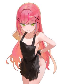 Rule 34 | 1girl, absurdres, apron, arms behind back, black apron, blunt bangs, blush, collarbone, green eyes, hair ornament, hairpin, hanako nana, highres, long hair, looking at viewer, multiple hairpins, naked apron, nbee ya, pink hair, simple background, smile, solo, stellive, straight hair, thighs, very long hair, virtual youtuber, white background