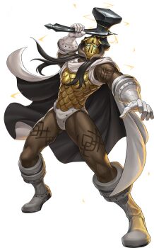 1boy arm_tattoo artist_request black_cape black_hair blue_eyes boots cape demon_(megami_tensei) fake_horns gloves hammer helmet highres holding holding_hammer holding_weapon horned_helmet horns leg_tattoo official_art persona persona_5 persona_5:_the_phantom_x shin_megami_tensei solo tattoo third-party_source thor_(megami_tensei) transparent_background two-tone_cape weapon white_boots white_cape white_gloves