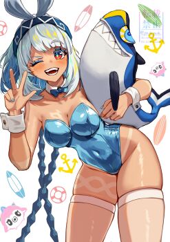 1girl absurdres anchor_hair_ornament bare_shoulders blue_hair blue_hairband blue_leotard bow bowtie braid breasts cleavage commentary_request dark_skin detached_collar fingerless_gloves fish fish-shaped_pupils genshin_impact gloves hair_ornament hairband highres leotard light_blush long_hair looking_at_viewer medium_breasts mualani_(genshin_impact) multicolored_hair one_eye_closed open_mouth playboy_bunny puffer_fish red_eyes shark skindentation smile strapless strapless_leotard surfboard symbol-shaped_pupils tan tanline thighhighs v white_hair white_wrist_cuffs wrist_cuffs yu_da_yu_da