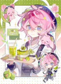 1girl black_pants black_vest blue_eyes blue_hat boots cake cake_slice chibi closed_mouth cup double-parted_bangs drink drinking_glass drinking_straw food hair_between_eyes hair_intakes hat highres holding holding_tray long_sleeves looking_at_viewer multiple_views original pants pink_hair senzhongxun shirt short_hair smile spoken_food tray upper_body vest watermark white_boots white_shirt