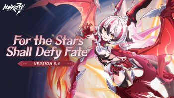 1girl armor au_ra bikini_armor breasts colored_extremities copyright_name coralie_6626_planck_(behold!_fate-defying_dragon) dragon_girl dragon_tail dragon_wings gauntlets highres honkai_(series) honkai_impact_3rd horns long_hair looking_at_viewer multicolored_hair official_art open_mouth red_scales sharp_teeth tail teeth wings yellow_eyes