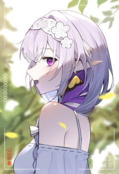 Rule 34 | 1girl, bare shoulders, braid, castorice (honkai: star rail), castorice (ingenuity) (honkai: star rail), dappled sunlight, earrings, floral print, from side, hashtag-only commentary, highres, honkai: star rail, honkai (series), jewelry, kom376986, leaf, long hair, looking at viewer, off shoulder, official alternate costume, open mouth, outdoors, pointy ears, purple eyes, purple hair, recording, spaghetti strap, sunlight