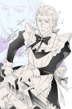 1boy apron blush bow bowtie chainsaw crossdressing crossdressing_(mtf) earrings edgar_roni_figaro final_fantasy final_fantasy_vi highres holding holding_chainsaw jewelry looking_at_viewer maid_apron male_focus mayu-missing monochrome pendant ponytail slight_blush sparkle sweatdrop