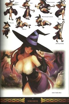 1girl :o artbook ass bare_legs bare_shoulders breasts cleavage concept_art curvy detached_sleeves dragon&#039;s_crown fallen_down falling floating hat highres holding holding_staff huge_ass huge_breasts jumping large_breasts levitation long_hair long_skirt looking_at_viewer multiple_views narrow_waist official_art on_one_knee pointy_footwear profile red_hair ryona scan shiny_skin shoes side_slit skirt sliding snake sorceress_(dragon&#039;s_crown) sprite_sheet staff strapless unworn_hat unworn_headwear vanillaware walking wide_hips witch_hat yukiko_hirai