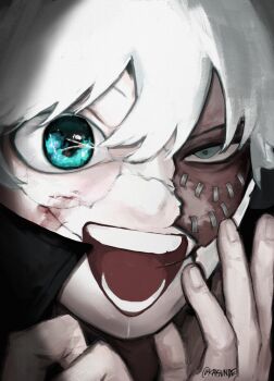 Rule 34 | 1boy, aqua eyes, arms up, black shirt, boku no hero academia, collared shirt, cracked kawaii mask, cracked mask, dabi (boku no hero academia), empty eyes, hair between eyes, highres, kaisunde0, male focus, mask, mismatched eyes, open mouth, popped collar, portrait, sanpaku, shirt, short hair, smile, solo, stitched face, stitches, teeth, twitter username, white hair