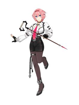 Rule 34 | 1girl, black choker, black gloves, black pantyhose, black shoes, black shorts, blue eyes, choker, closed mouth, commentary request, double-parted bangs, fingerless gloves, full body, gloves, hair between eyes, head wings, high-waist shorts, highres, holding, holding staff, hololive, long sleeves, looking at viewer, necktie, pantyhose, pantyhose under shorts, pink hair, pink necktie, ringo 21 a, shirt, shoes, short hair, shorts, simple background, smile, solo, staff, standing, standing on one leg, takane lui, takane lui (1st costume), virtual youtuber, white background, white shirt, wings