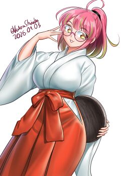 1girl absurdres breasts glasses green_streaks hakama hakama_skirt highres huge_breasts japanese_clothes kantai_collection katou_shinobu kimono medium_hair miko pink-framed_eyewear pink_hair ponytail red_hakama skirt smile solo ume_(kancolle) white_kimono wide_sleeves yellow_eyes