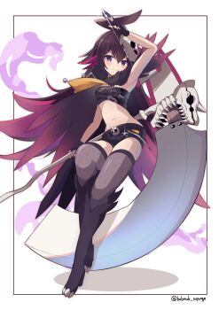 1girl ahoge armpits between_fingers black_boots black_gloves black_shorts boots brown_hair card card_between_fingers chest_belt cloak closed_mouth dapiko_(duel_masters) duel_masters duel_masters_play&#039;s fingerless_gloves fishnet_thighhighs fishnets fur-trimmed_cloak fur_trim gloves hair_ornament highres holding holding_scythe huge_ahoge koshian_(taiyaki) long_hair multicolored_hair navel pink_hair purple_eyes scythe shorts skull_belt skull_hair_ornament solo thigh_boots thighhighs twitter_username very_long_hair