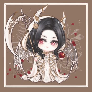 1girl a_gloomy_start_(shining_nikki) animated animated_gif apple bare_shoulders black_hair blinking brown_background chibi chinese_commentary cloak closed_mouth commentary_request demon_girl demon_horns demon_wings detached_sleeves dress eyelashes floral_background flower food forehead frilled_dress frills fruit gown hair_over_shoulder holding holding_food holding_fruit holding_scythe hood hood_up hooded_cloak horns light_blush long_dress long_hair long_sleeves looping_animation nikki_(series) petals picture_frame pink_eyes pleated_dress print_dress rose rose_petals scythe shining_nikki skeletal_wings slit_pupils smirk smug solo sparkle standing strapless strapless_dress translucent_horns tsurime wavy_hair white_cloak white_dress white_horns white_sleeves white_wings wings xiaoyu_qixing