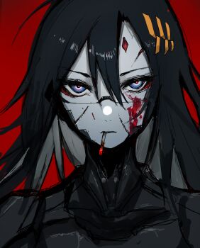 Rule 34 | 1girl, absurdres, android, black hair, blood, blood on face, blue eyes, chuhaibane, cigarette, commission, expressionless, falke (signalis), forehead jewel, gem, highres, long hair, looking at viewer, red background, red gemstone, signalis, simple background, skeb commission, smoking, solo, upper body, very long hair