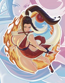 1girl acecore2k breasts brown_eyes brown_hair chasenmage cleavage commentary english_commentary fatal_fury fire floating_clothes floating_hair hand_fan highres japanese_clothes large_breasts mouth_hold parted_bangs ponytail shiranui_mai sideboob zoom_layer