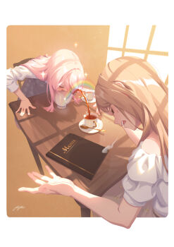 2girls absurdres anger_vein angry bang_dream! bang_dream!_it&#039;s_mygo!!!!! black_tea book border brown_hair chihaya_anon closed_eyes cup highres indoors long_hair menu multiple_girls nagasaki_soyo pink_hair rainbow regition skirt table tea teacup teapot teeth what white_border