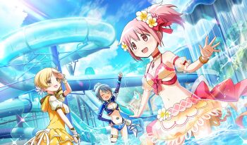 3girls ^_^ artist_request back_bow bare_shoulders belt belt_buckle bikini bikini_skirt blonde_hair blue_bikini blue_gem blue_hair blue_shrug blue_sleeves blue_socks bow bowtie bracelet braid braided_base breasts bridal_gauntlets brown_bridal_gauntlets bubble_skirt buckle chest_jewel child choker cleavage clenched_hand closed_eyes clothing_cutout collared_shrug cowboy_shot day detached_sleeves dot_nose dress drill_hair fist_pump floral_print flower frilled_dress frilled_sleeves frilled_wrist_cuffs frills game_asset gem hair_between_eyes hair_bow hair_flower hair_ornament hair_tie hand_on_own_head hand_on_own_hip happy high_collar high_ponytail highleg highleg_bikini highres hood hood_down hooded_dress jewelry kaname_madoka kaname_madoka_(swimsuit_ver.) lace lace-trimmed_choker lace-trimmed_skirt lace_trim layered_bikini layered_sleeves light_blush light_particles long_sleeves looking_ahead lotus mahou_shoujo_madoka_magica mahou_shoujo_madoka_magica_(anime) mahou_shoujo_madoka_magica_magia_exedra miki_sayaka miki_sayaka_(surfer_ver.) miniskirt multiple_girls musical_note musical_note_print navel official_alternate_costume official_art open_clothes open_dress open_mouth outdoors over-kneehighs palm_tree pink_bow pink_bowtie pink_eyes pink_gem pink_hair ponytail pool print_bikini print_dress puffy_short_sleeves puffy_sleeves red_bow red_choker see-through_bow see-through_clothes see-through_skirt short_hair short_over_long_sleeves short_ponytail short_side_ponytail short_sleeves shoulder_cutout shrug_(clothing) side_ponytail side_ponytail_with_braided_base single_bridal_gauntlet single_over-kneehigh single_stripe single_thighhigh size_difference skirt sleeve_bow sleeves_past_wrists smile socks sparkle standing stomach stomach_jewel striped_belt swimsuit tareme thigh_belt thigh_strap thighhighs thighs third-party_source tomoe_mami tomoe_mami_(swimsuit_ver.) tree wading water_slide waterpark white_bikini white_bow white_skirt white_sleeves white_wrist_cuffs wrist_cuffs yellow_belt yellow_bikini yellow_dress