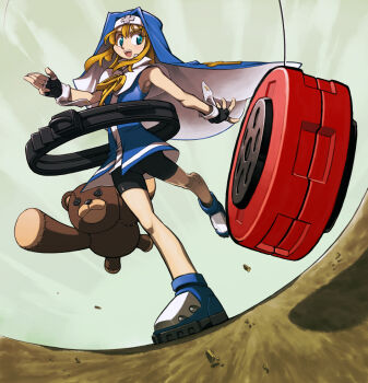 1boy ankle_boots aqua_eyes arm_behind_back armpits bare_arms bare_shoulders bike_shorts black_gloves black_shorts blonde_hair blue_boots blue_veil blue_vest boots bridget_(guilty_gear) button_eyes buttons cross cross_print dirt dirt_floor fingerless_gloves fisheye floating floating_clothes floating_object foot_up_heel_up foreshortening from_below full_body gloves guilty_gear guimpe hair_between_eyes hand_up large_teddy_bear latin_cross long_hair long_sidelocks looking_at_viewer male_focus mars_symbol neck_ribbon no_socks nun object_belt on_floor open_hand outdoors outstretched_arm oversized_object print_wrist_cuffs ribbon roger_(guilty_gear) shirt shorts sidelocks sky sleeveless sleeveless_shirt standing standing_on_one_leg stitches string throwing_yo-yo trap two-sided_veil veil vest white_shirt white_wrist_cuffs wrist_cuffs yellow_ribbon yo-yo ysk!