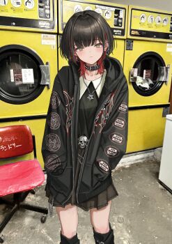 1girl absurdres belt belt_collar black_belt black_hair black_jacket black_skirt chain chair closed_mouth collar gishiki_(gshk) hair_intakes highres hood hooded_jacket jacket jewelry laundry looking_at_viewer medium_hair multicolored_hair necklace original red_hair skirt solo spiked_belt standing two-tone_hair yellow_eyes