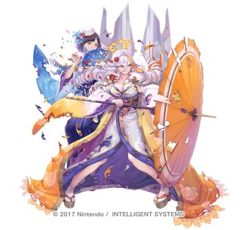 2girls baldr_(fire_emblem_heroes) baldr_(new_year's_elite)_(fire_emblem_heroes) blonde_hair blue_kimono breasts cleavage clenched_teeth colored_inner_hair commentary_request drill_hair earrings fire_emblem fire_emblem_heroes floral_print flower fur-trimmed_kimono fur_trim geta gradient_clothes gradient_kimono haccan hair_flower hair_ornament hakama hakama_skirt halo hand_fan heterochromia hodr_(fire_emblem) hodr_(new_year's_elite)_(fire_emblem) japanese_clothes jewelry kimono large_breasts long_hair mechanical_wings multicolored_hair multiple_girls nintendo official_alternate_costume official_art oil-paper_umbrella paper_fan red_eyes short_hair siblings simple_background sisters skirt streaked_hair tabi teeth torn_clothes torn_kimono torn_umbrella umbrella very_long_hair white_hair white_kimono wings yellow_eyes yellow_kimono