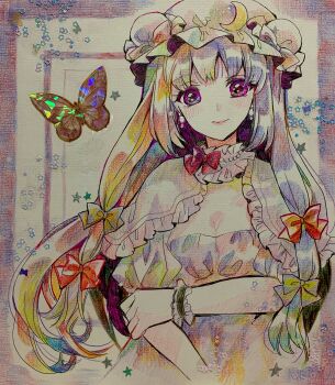 Rule 34 | 1girl, absurdres, blush, border, bow, breasts, bug, butterfly, cleavage, closed mouth, colored pencil (medium), commentary, crescent, crescent hat ornament, dot nose, dress, earrings, frilled cuffs, hair bow, hand on own arm, hat, hat ornament, highres, insect, iori (akaringo), jewelry, lips, long hair, looking at viewer, low neckline, medium breasts, mob cap, multicolored hair, outside border, patchouli knowledge, photo (medium), puffy short sleeves, puffy sleeves, purple border, purple eyes, red bow, short sleeves, sidelocks, smile, solo, star (symbol), straight-on, touhou, traditional media, white background, wrist cuffs, yellow bow