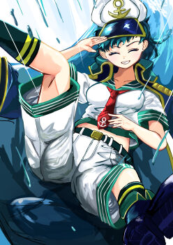 1girl absurdres belt black_boots black_coat black_hair black_socks boots closed_eyes coat coat_on_shoulders collared_shirt commentary_request gold_trim grin hat highres leg_up lying midriff_peek murasa_minamitsu necktie on_back osakana16120335 rain red_necktie sailor_hat salute shirt short_hair short_sleeves shorts smile socks solo spread_legs touhou white_hat white_shirt white_shorts