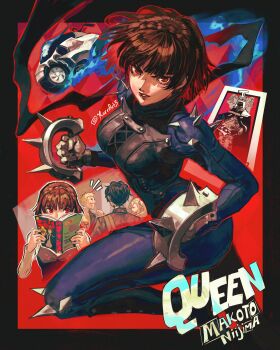 Rule 34 | 2boys, 2girls, absurdres, amamiya ren, artist name, blonde hair, bodysuit, border, brown hair, commentary, english commentary, highres, joanna (persona 5), kornart, multiple boys, multiple girls, niijima makoto, persona, persona 5, queen (persona 5), red eyes, sakamoto ryuuji, short hair, takamaki anne