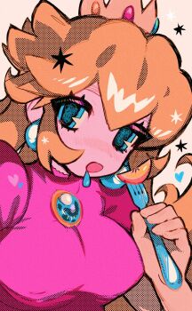 Rule 34 | 1girl, :d, bare arms, blonde hair, blue eyes, blue gem, breasts, brown background, commentary, covered erect nipples, crown, double-parted bangs, earrings, eyes visible through hair, film grain, fork, from above, gem, grizzace, hair between eyes, hair flaps, halftone, hand up, heart, highres, holding, holding fork, jewelry, long sleeves, looking at viewer, mario (series), medium breasts, nintendo, open mouth, orange gem, pink gem, pink shirt, puffy short sleeves, puffy sleeves, saliva, shirt, short sleeves, sidelocks, simple background, smile, solo, sphere earrings, star (symbol), untranslatable commentary, upper body