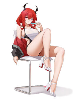 1girl absurdres alternate_costume arknights black_horns black_jacket black_one-piece_swimsuit breasts casperrin chair closed_mouth collarbone colored_shoe_soles commentary english_commentary food full_body hair_between_eyes highres holding holding_food holding_popsicle horns jacket leg_up long_hair medium_breasts melting_popsicle no_socks off_shoulder on_chair one-piece_swimsuit popsicle purple_eyes red_hair red_jacket shoe_soles shoes simple_background sitting solo surtr_(arknights) swimsuit two-sided_fabric two-sided_jacket white_background white_one-piece_swimsuit white_shoes