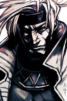 1boy bodysuit closed_mouth gambit greyscale helmet high_collar hungry_clicker looking_at_viewer male_focus marvel monochrome signature simple_background solo upper_body white_background x-men